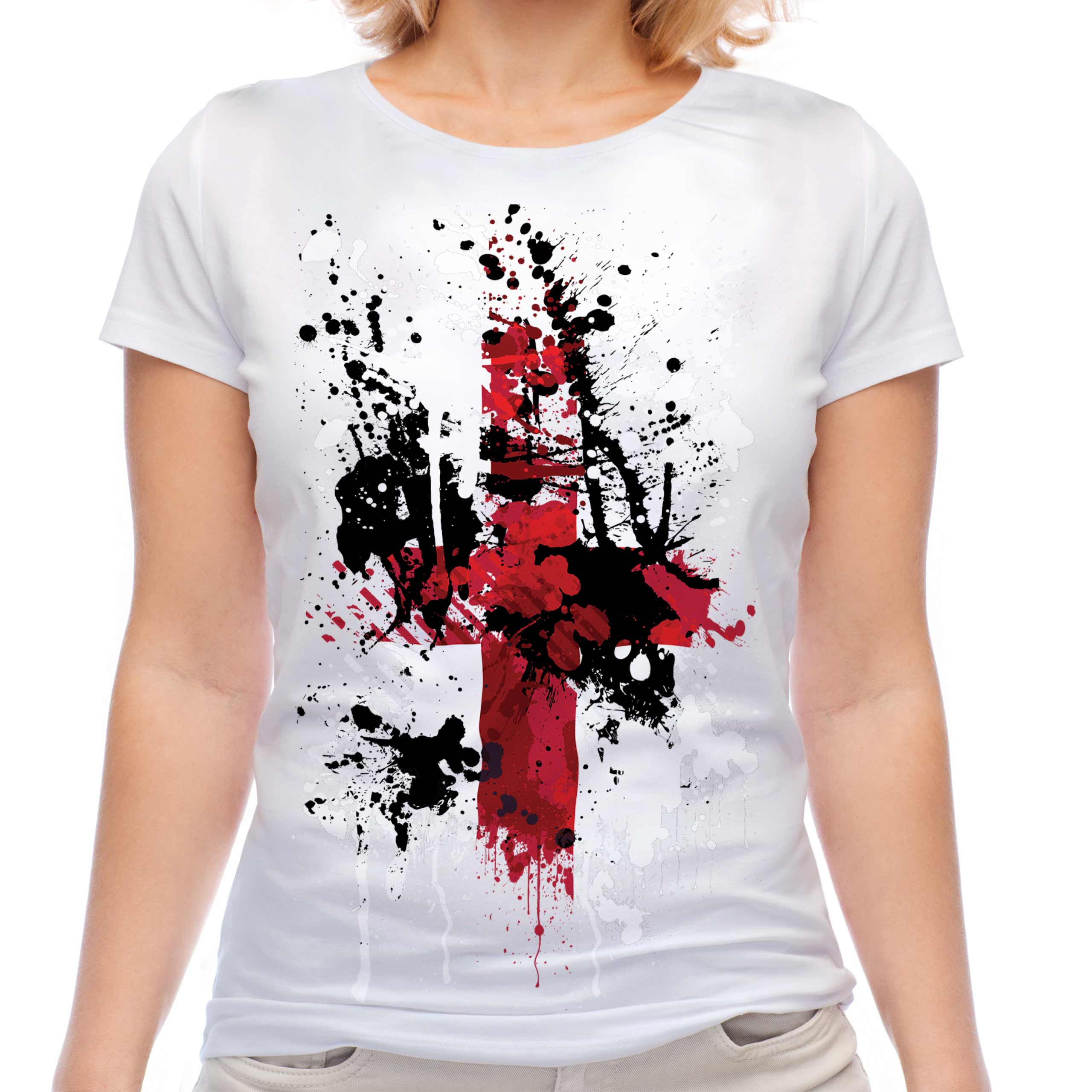 ENGLAND ST GEORGE CROSS ABSTRACT PRINT LADIES T-SHIRT TOP ENGLISH