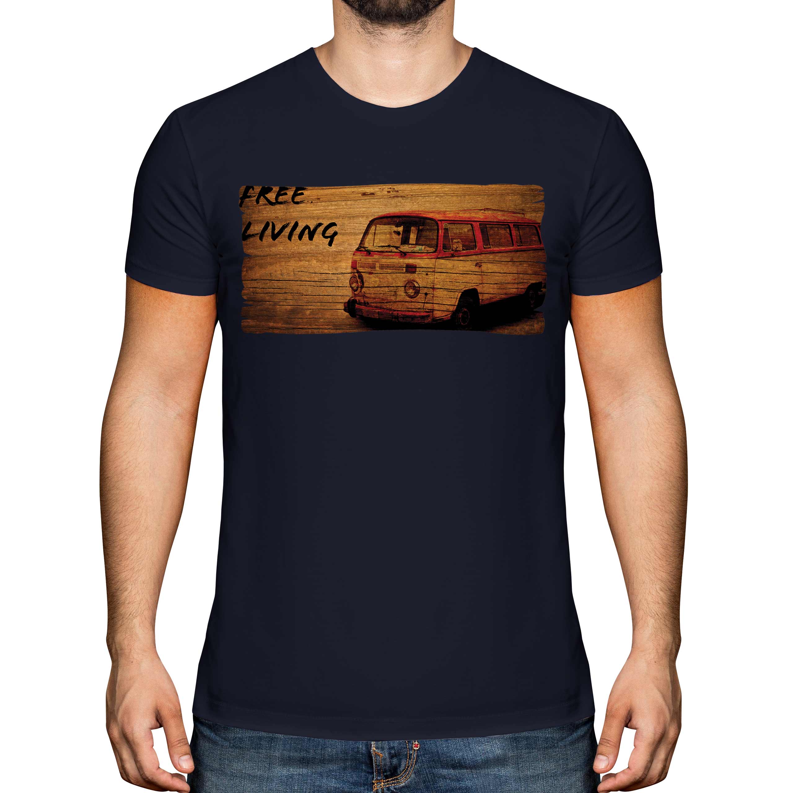 CAMPER VAN FREE LIVING MENS T-SHIRT TOP GIFT FOR FAN SUMMER OF LOVE PRINTED