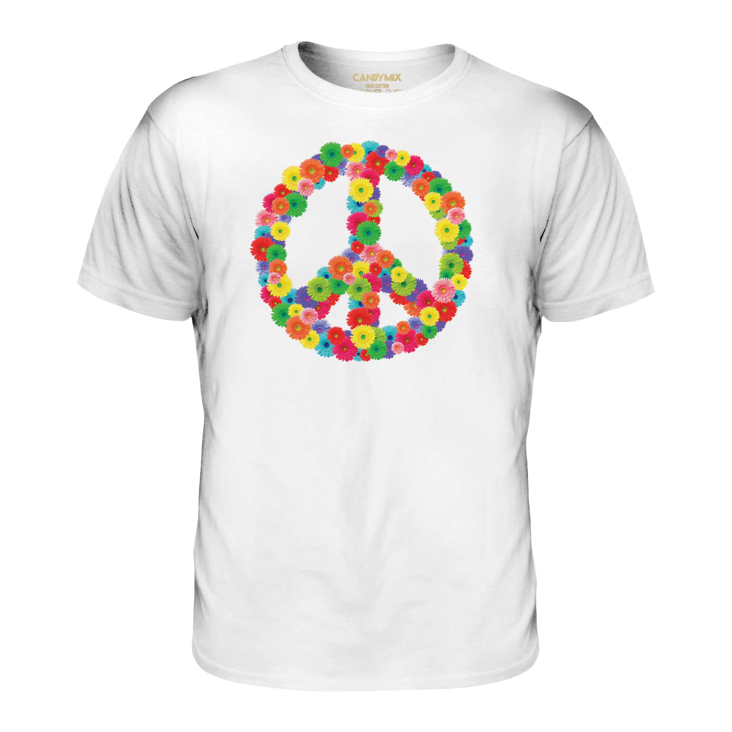 FLOWER POWER MENS FASHION PRINT T-SHIRT HIPPY HIPSTER CND SYMBOL PEACE BAN BOMB