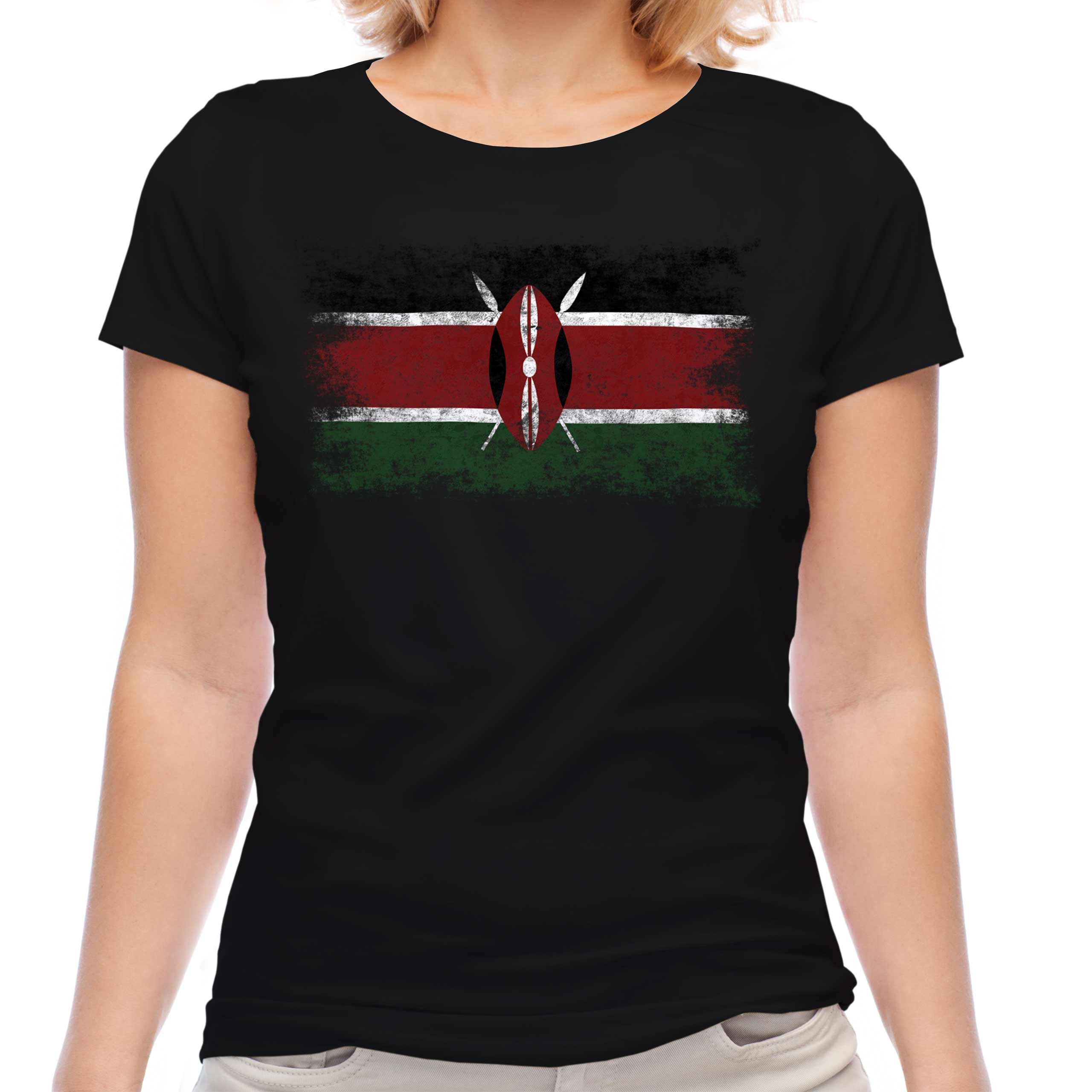 KENYA DISTRESSED FLAG LADIES T-SHIRT TOP KENYAN SHIRT FOOTBALL JERSEY GIFT - Picture 7 of 21