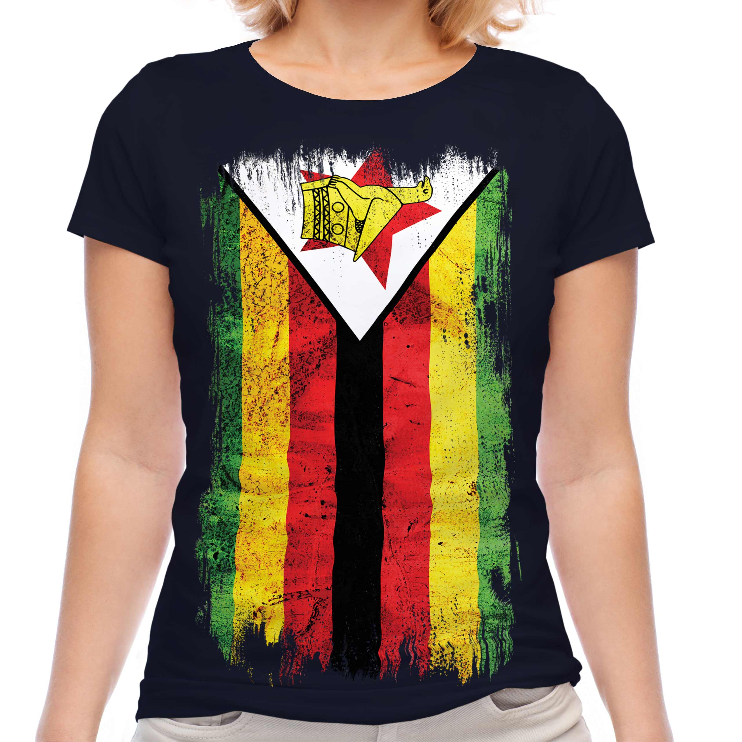 ZIMBABWE GRUNGE FLAG LADIES T-SHIRT TOP ZIMBABWEAN SHIRT FOOTBALL JERSEY GIFT - Picture 17 of 21