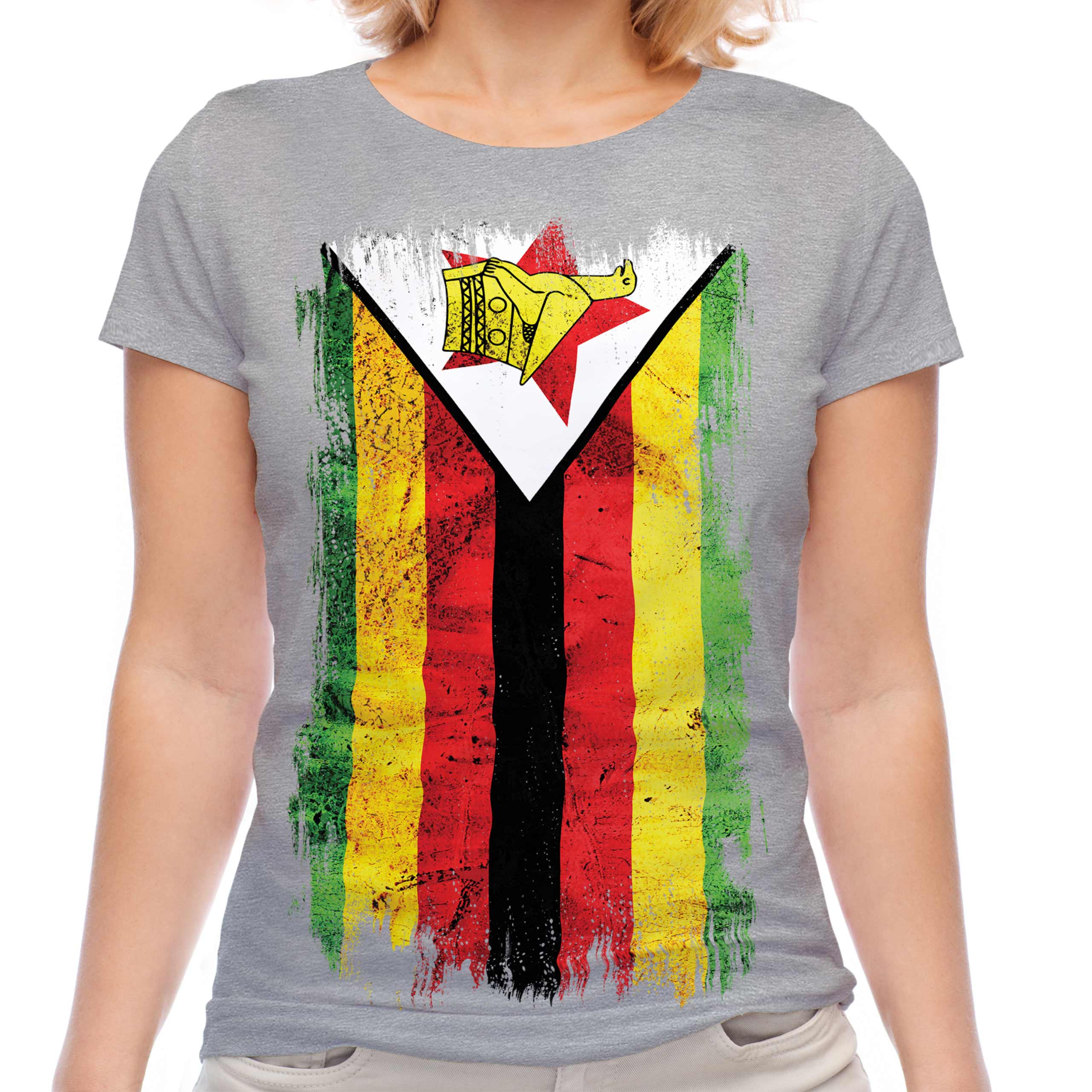 ZIMBABWE GRUNGE FLAG LADIES T-SHIRT TOP ZIMBABWEAN SHIRT FOOTBALL JERSEY GIFT - Picture 12 of 21
