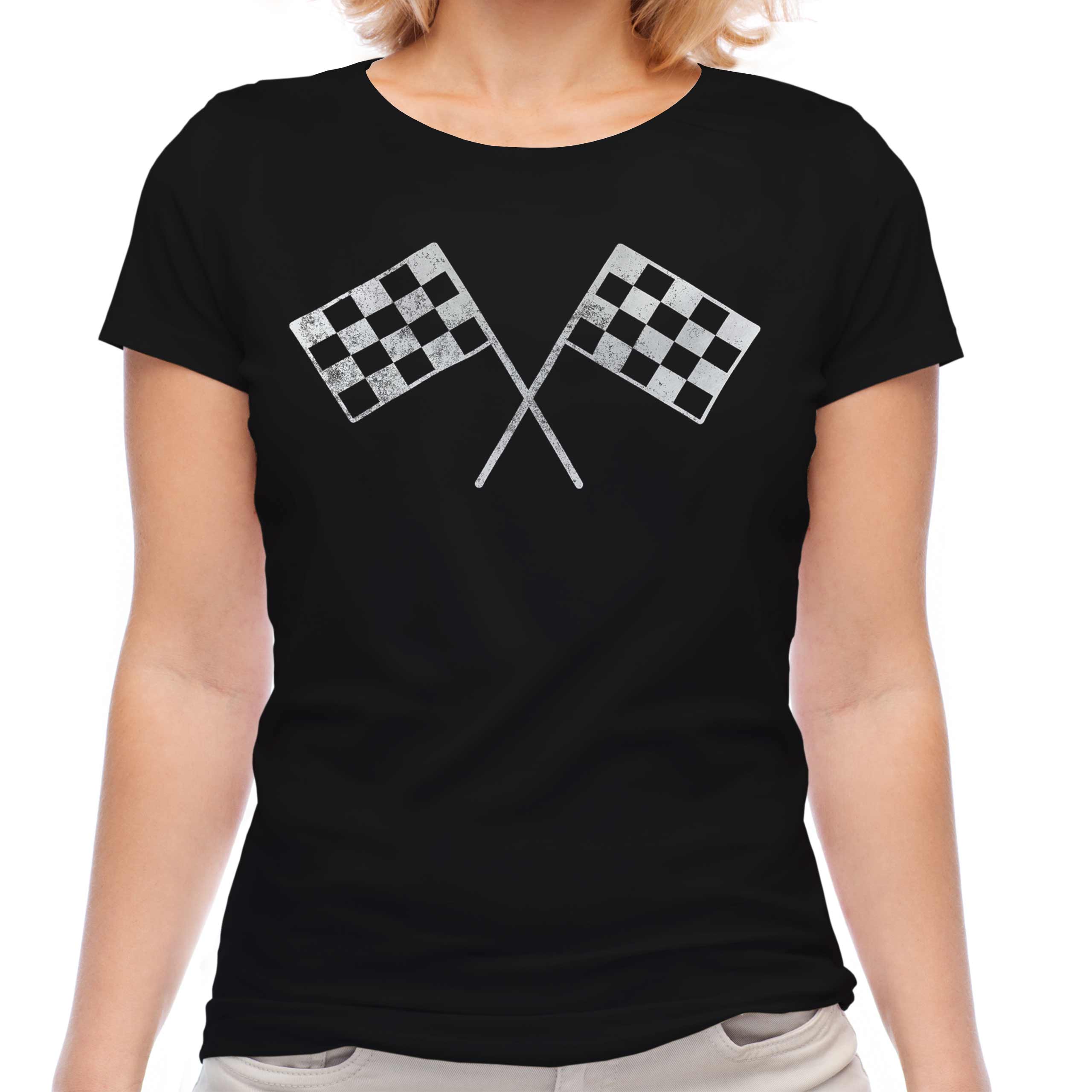 MOTOR RACING CHECQUERED FLAG DISTRESSED PRINT WOMENS T-SHIRT