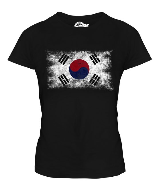 SOUTH KOREA DISTRESSED FLAG LADIES T-SHIRT TOP HANGUK KOREAN SHIRT FOOTBALL 