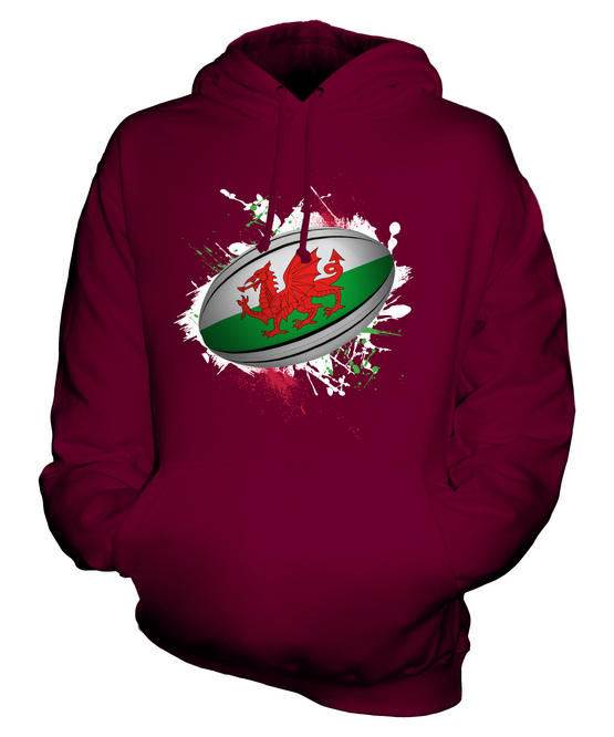 WALES RUGBY BALL SPLATTER UNISEX HOODIE TOP GIFT WORLD CUP SPORT - Picture 6 of 16