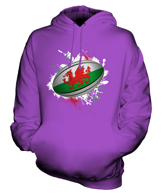 WALES RUGBY BALL SPLATTER UNISEX HOODIE TOP GIFT WORLD CUP SPORT - Picture 15 of 16
