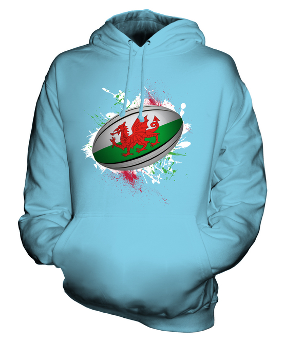 WALES RUGBY BALL SPLATTER UNISEX HOODIE TOP GIFT WORLD CUP SPORT - Picture 13 of 16