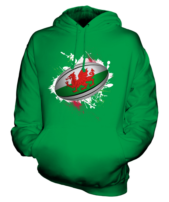 WALES RUGBY BALL SPLATTER UNISEX HOODIE TOP GIFT WORLD CUP SPORT - Picture 10 of 16