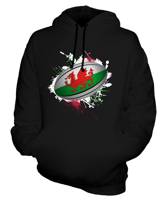 WALES RUGBY BALL SPLATTER UNISEX HOODIE TOP GIFT WORLD CUP SPORT - Picture 3 of 16