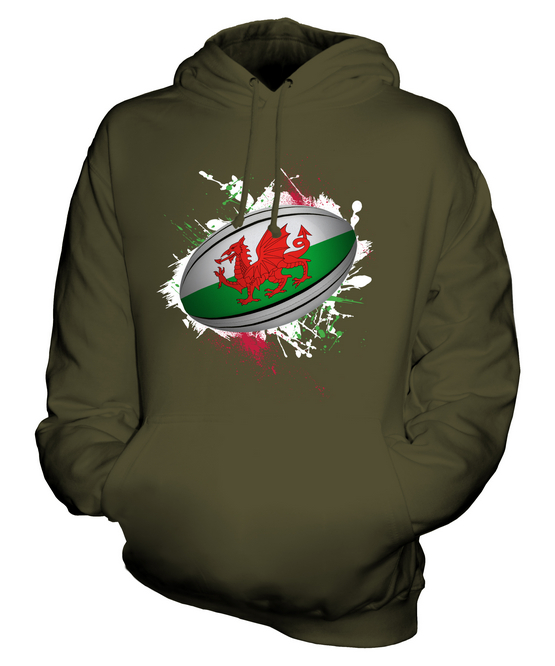 WALES RUGBY BALL SPLATTER UNISEX HOODIE TOP GIFT WORLD CUP SPORT - Picture 12 of 16
