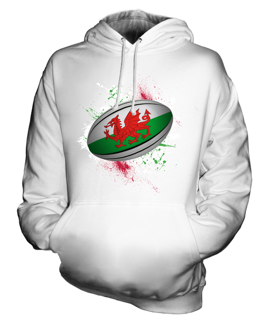 WALES RUGBY BALL SPLATTER UNISEX HOODIE TOP GIFT WORLD CUP SPORT - Picture 2 of 16