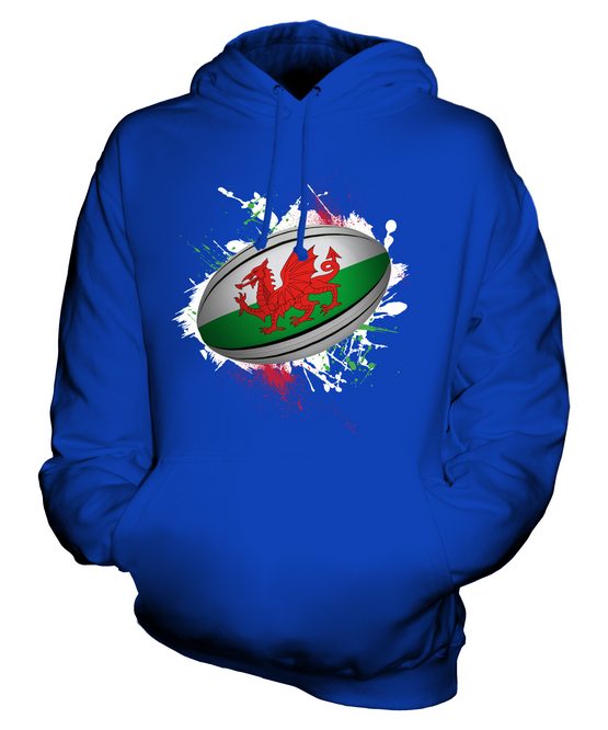 WALES RUGBY BALL SPLATTER UNISEX HOODIE TOP GIFT WORLD CUP SPORT - Picture 14 of 16
