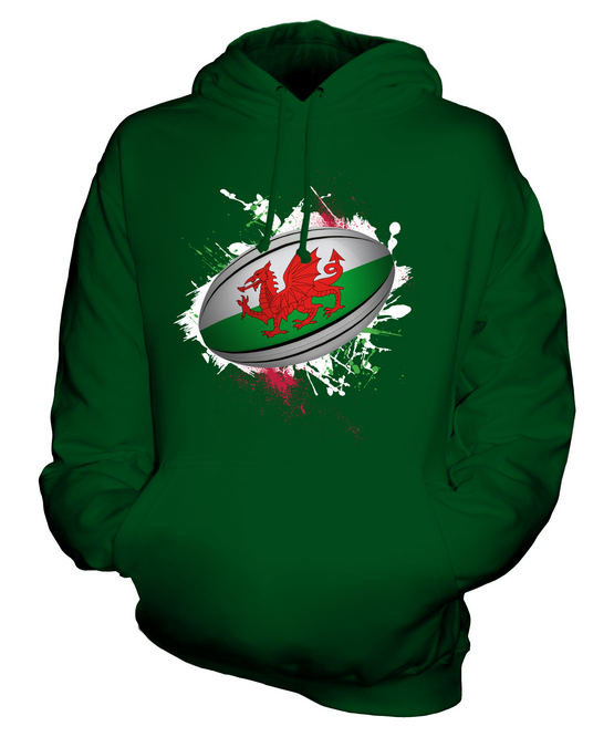 WALES RUGBY BALL SPLATTER UNISEX HOODIE TOP GIFT WORLD CUP SPORT - Picture 11 of 16